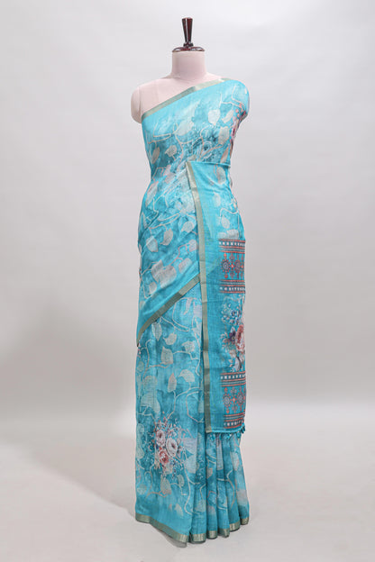 Blue floral design linen cotton saree with self zari border and matching blouse