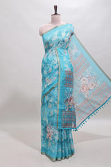 Blue floral design linen cotton saree with self zari border and matching blouse