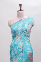 Blue floral design linen cotton saree with self zari border and matching blouse