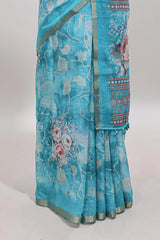 Blue floral design linen cotton saree with self zari border and matching blouse