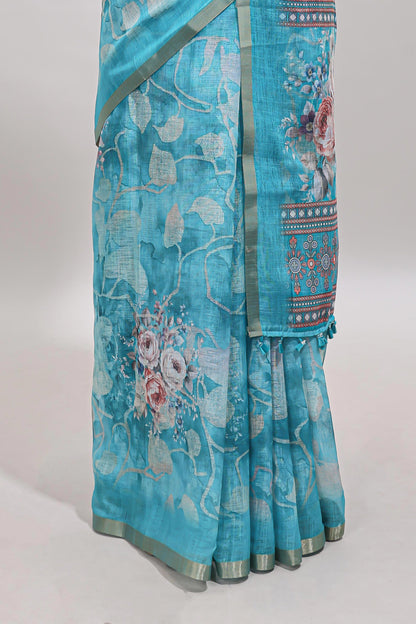 Blue floral design linen cotton saree with self zari border and matching blouse