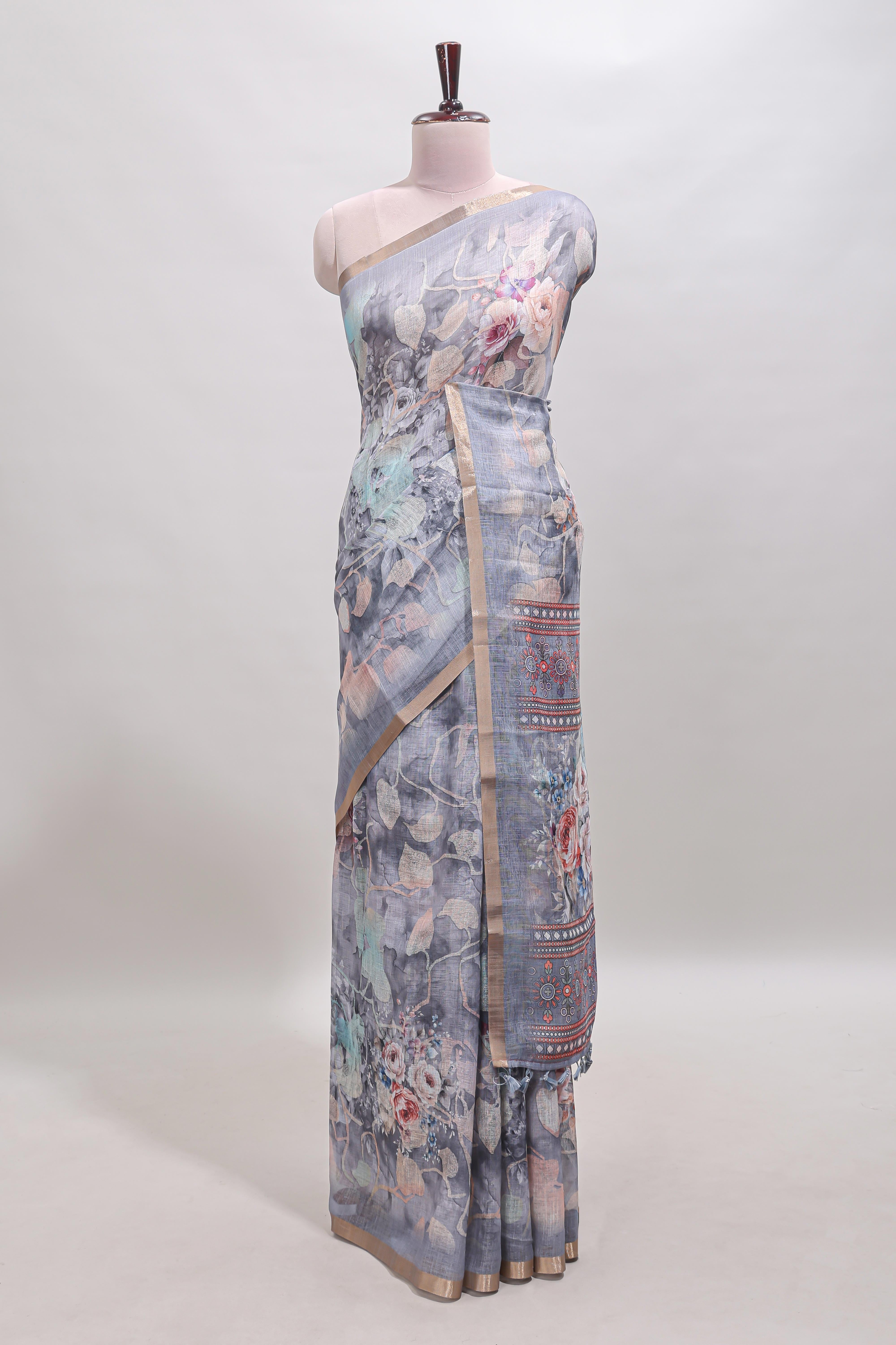Grey floral design linen cotton saree with self zari border and matching blouse