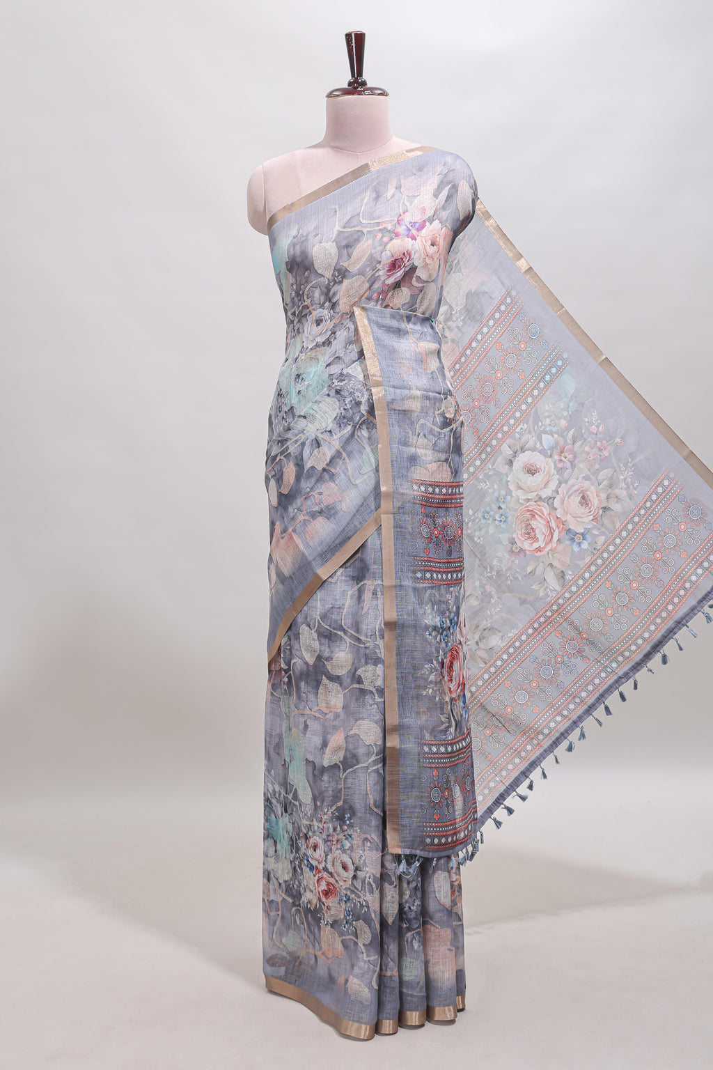 Grey floral design linen cotton saree with self zari border and matching blouse