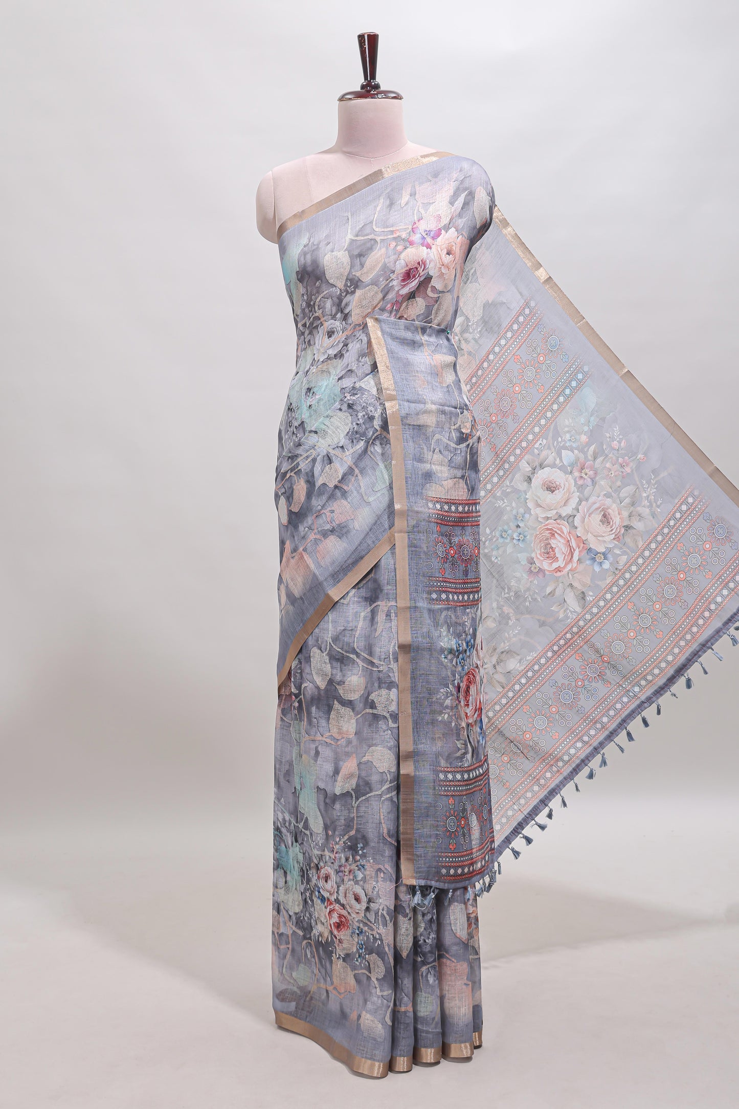 Grey floral design linen cotton saree with self zari border and matching blouse
