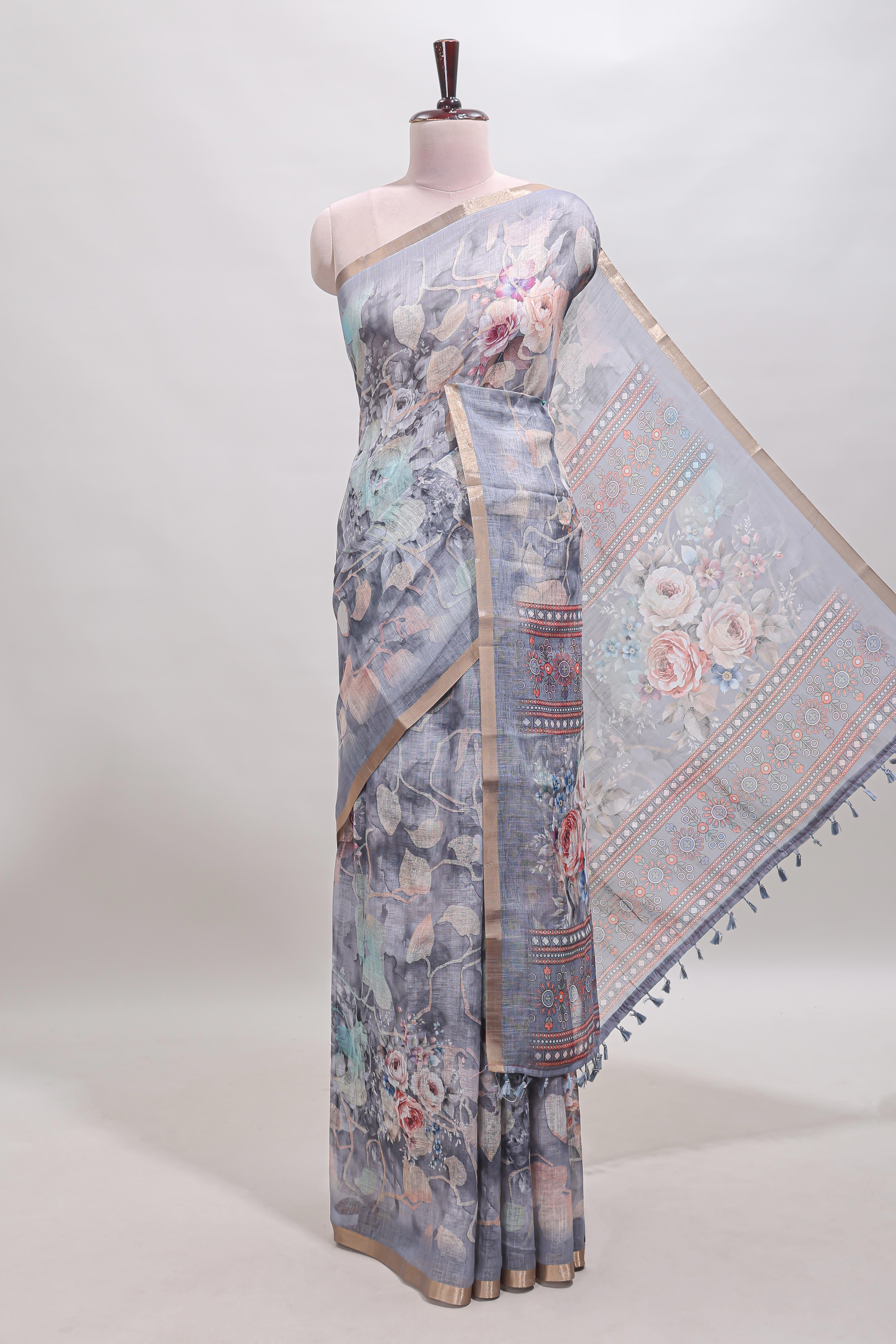 Grey floral design linen cotton saree with self zari border and matching blouse