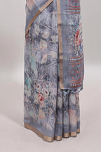 Grey floral design linen cotton saree with self zari border and matching blouse