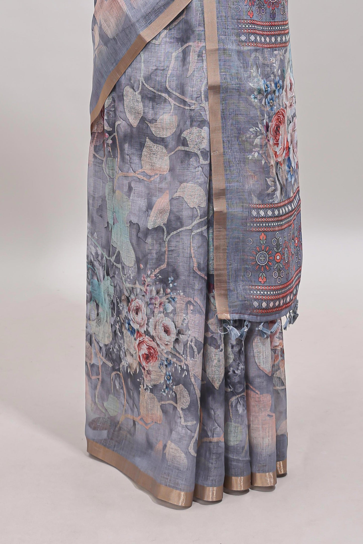 Grey floral design linen cotton saree with self zari border and matching blouse
