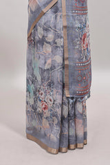 Grey floral design linen cotton saree with self zari border and matching blouse