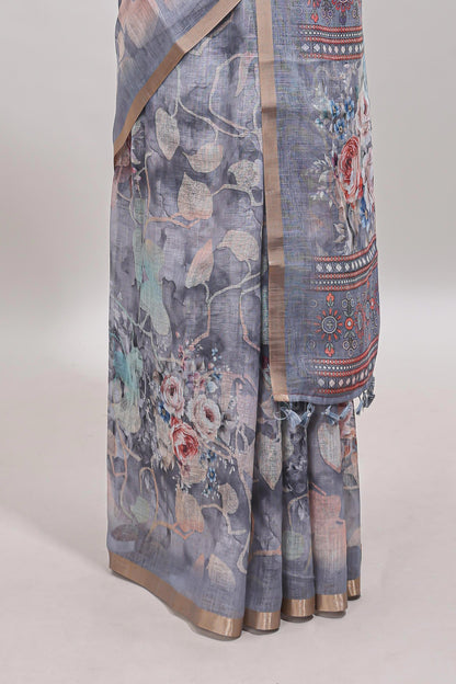 Grey floral design linen cotton saree with self zari border and matching blouse