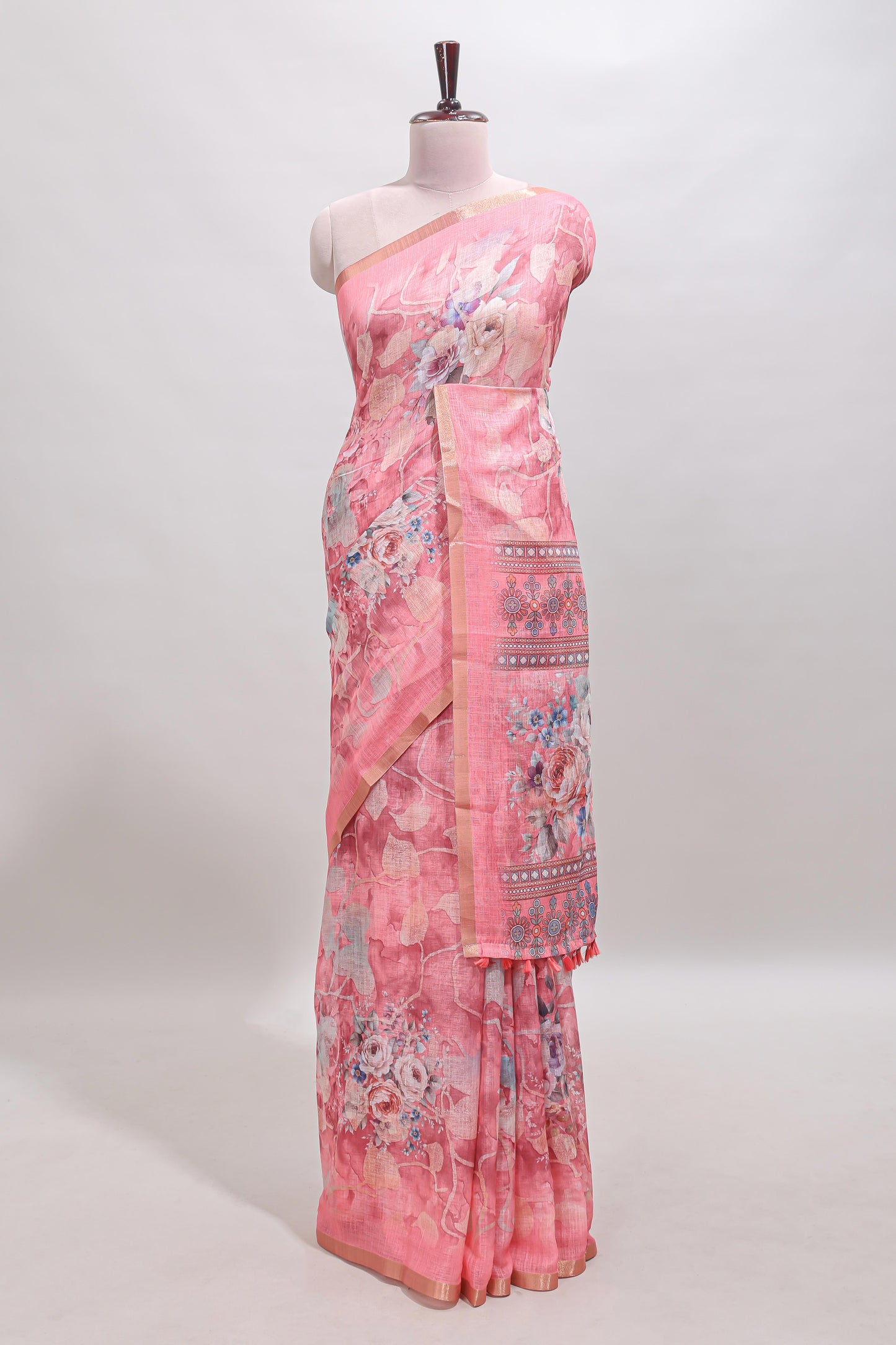 Pink floral design linen cotton saree with self zari border and matching blouse