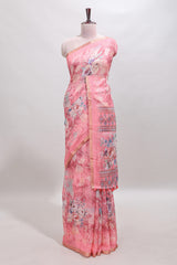 Pink floral design linen cotton saree with self zari border and matching blouse