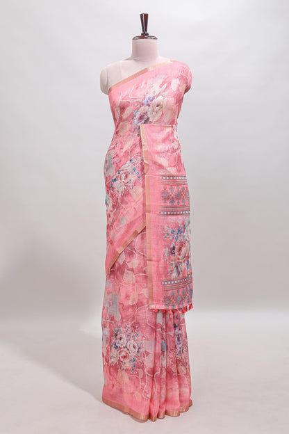 Pink floral design linen cotton saree with self zari border and matching blouse