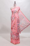 Pink floral design linen cotton saree with self zari border and matching blouse