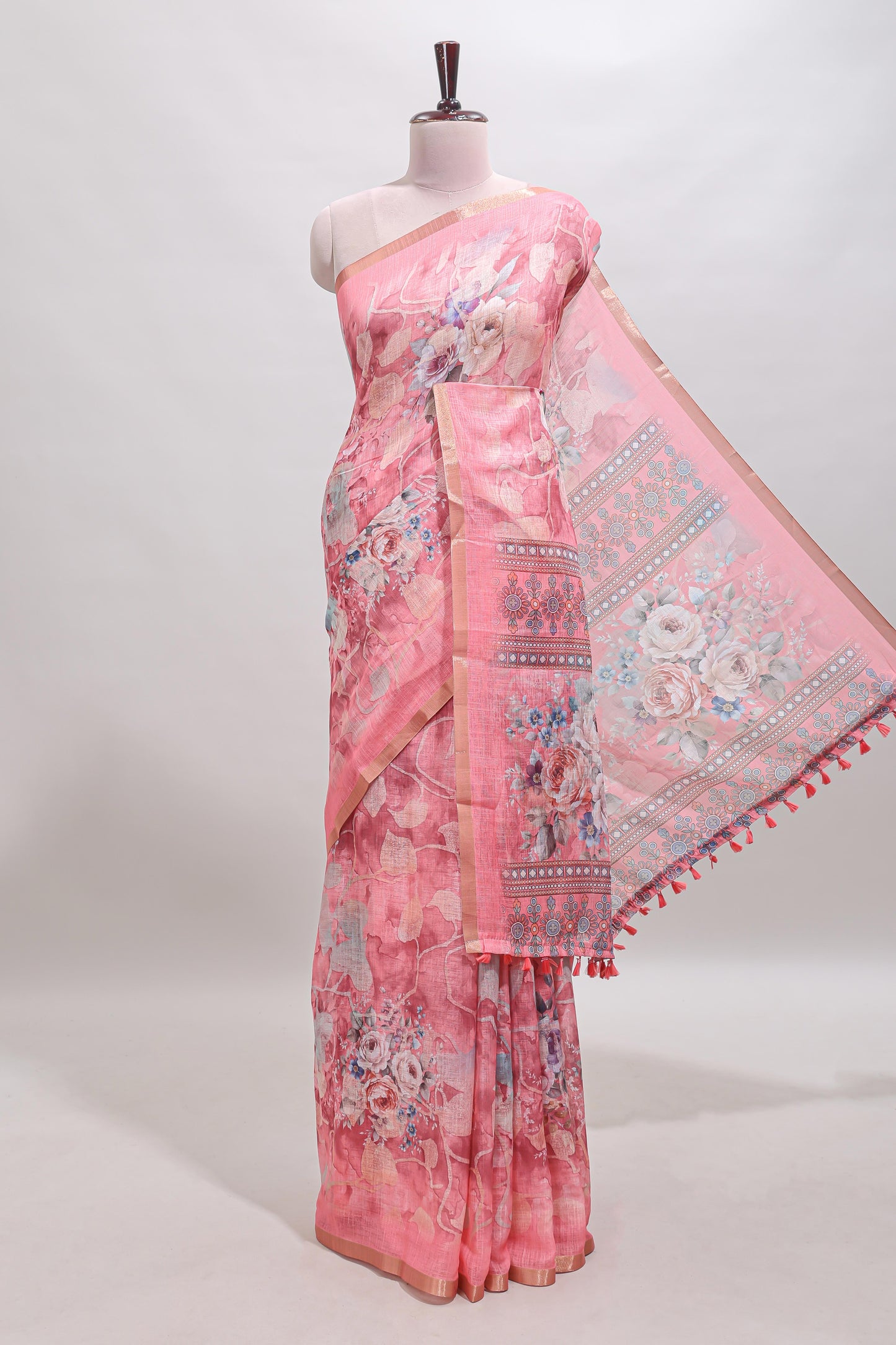 Pink floral design linen cotton saree with self zari border and matching blouse