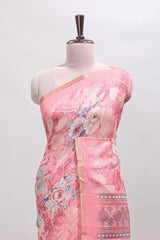 Pink floral design linen cotton saree with self zari border and matching blouse