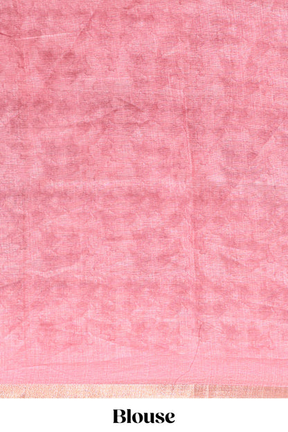 Pink floral design linen cotton saree with self zari border and matching blouse