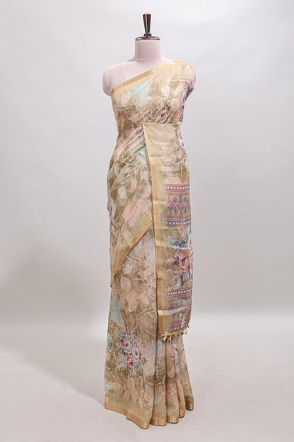 Beige floral design linen cotton saree with self zari border and matching blouse