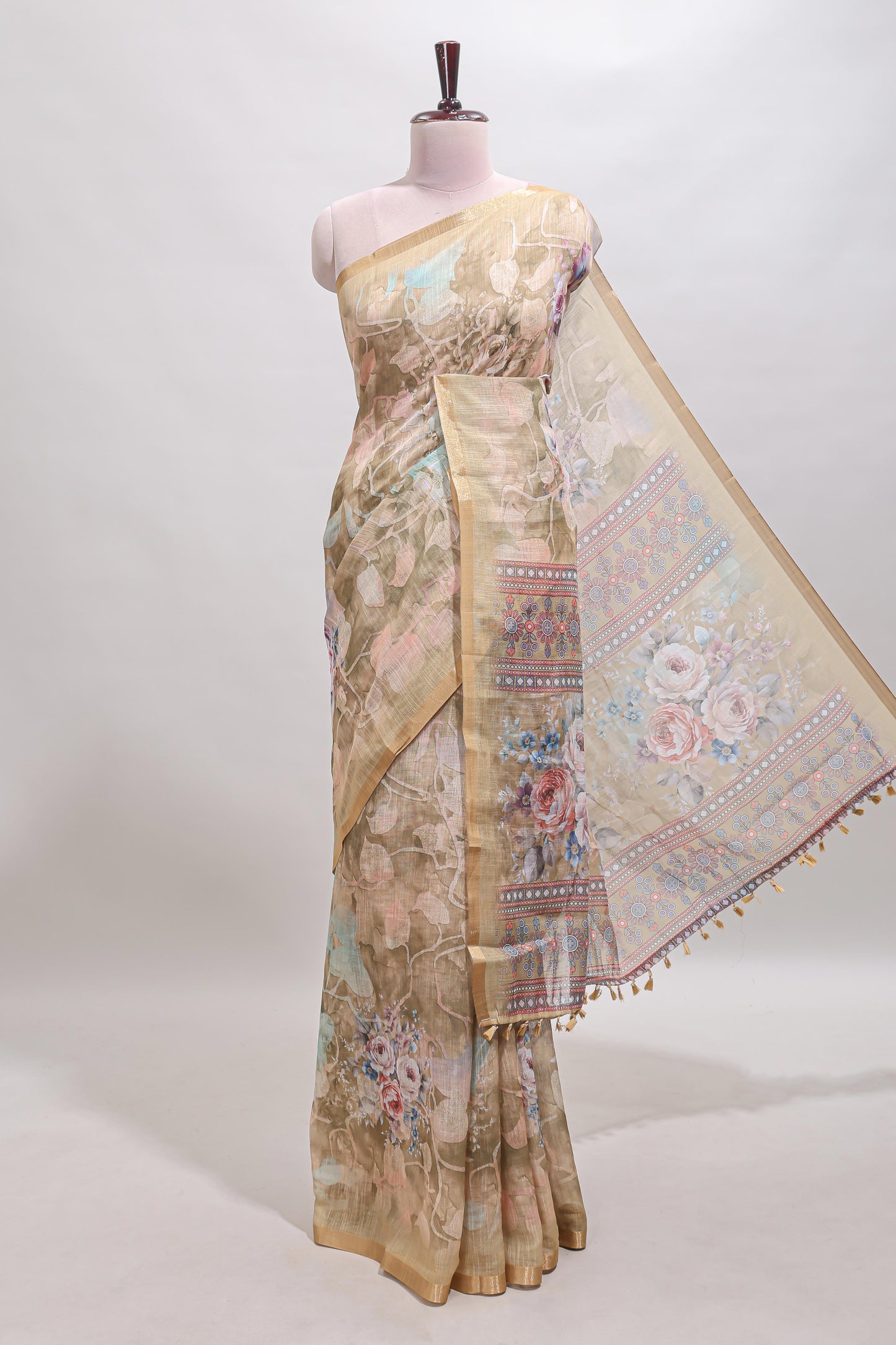 Beige floral design linen cotton saree with self zari border and matching blouse
