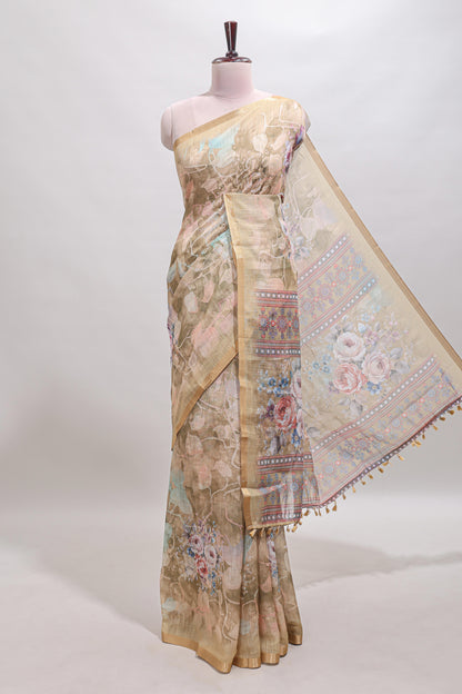 Beige floral design linen cotton saree with self zari border and matching blouse