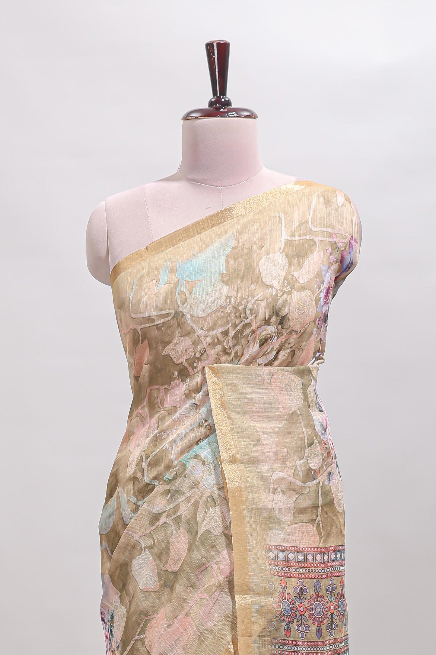 Beige floral design linen cotton saree with self zari border and matching blouse