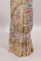 Beige floral design linen cotton saree with self zari border and matching blouse