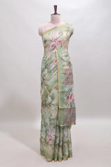 Green floral design linen cotton saree with self zari border and matching blouse