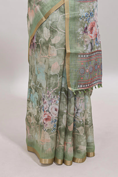 Green floral design linen cotton saree with self zari border and matching blouse