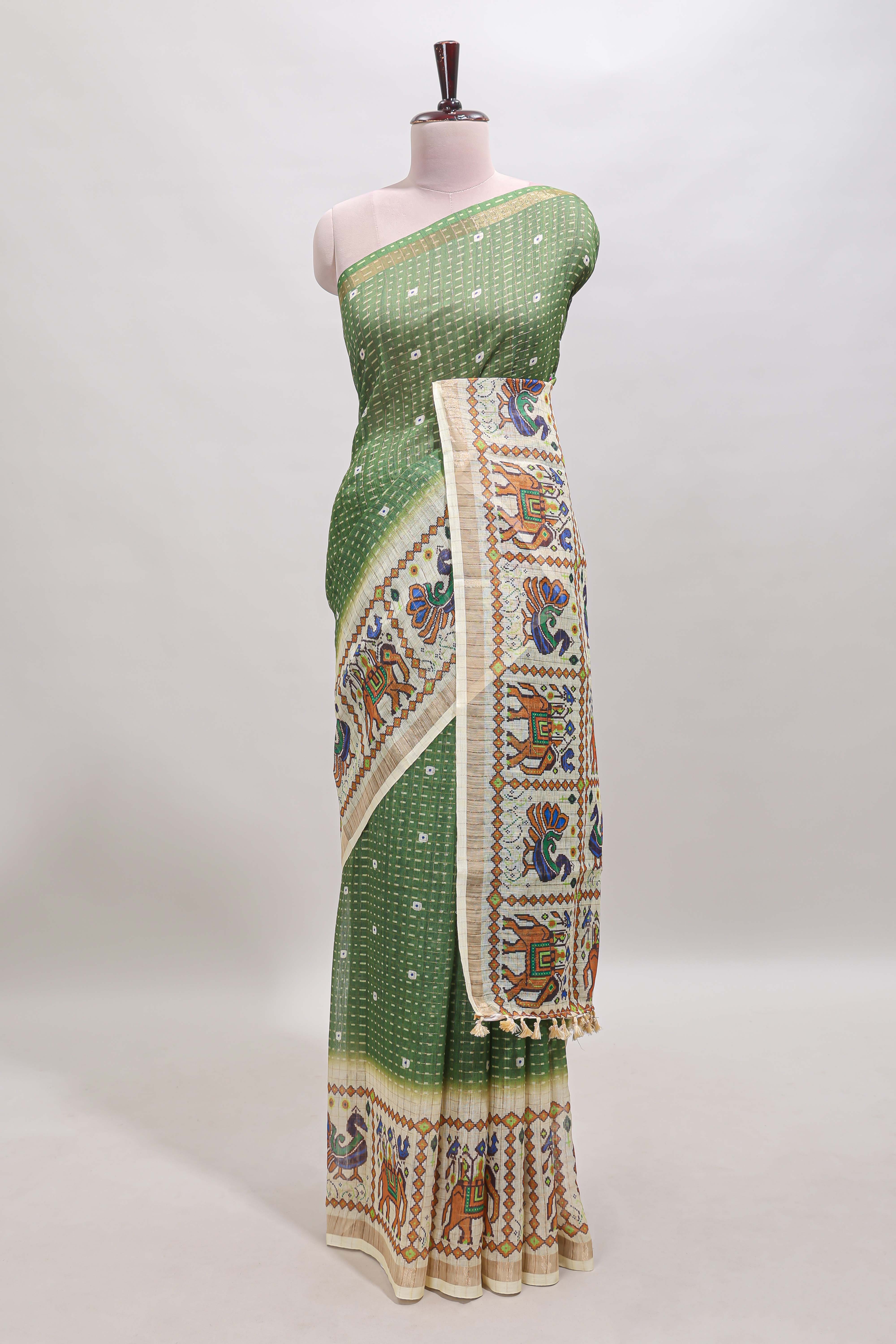 Green checked geometric motifs linen cotton saree with contrast ikkat style border and blouse