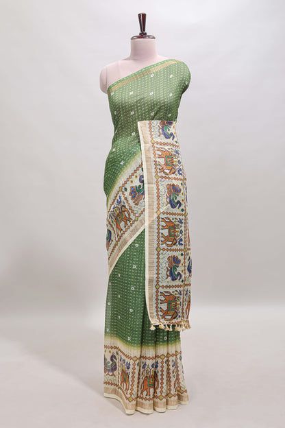 Green checked geometric motifs linen cotton saree with contrast ikkat style border and blouse