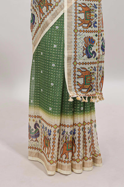 Green checked geometric motifs linen cotton saree with contrast ikkat style border and blouse
