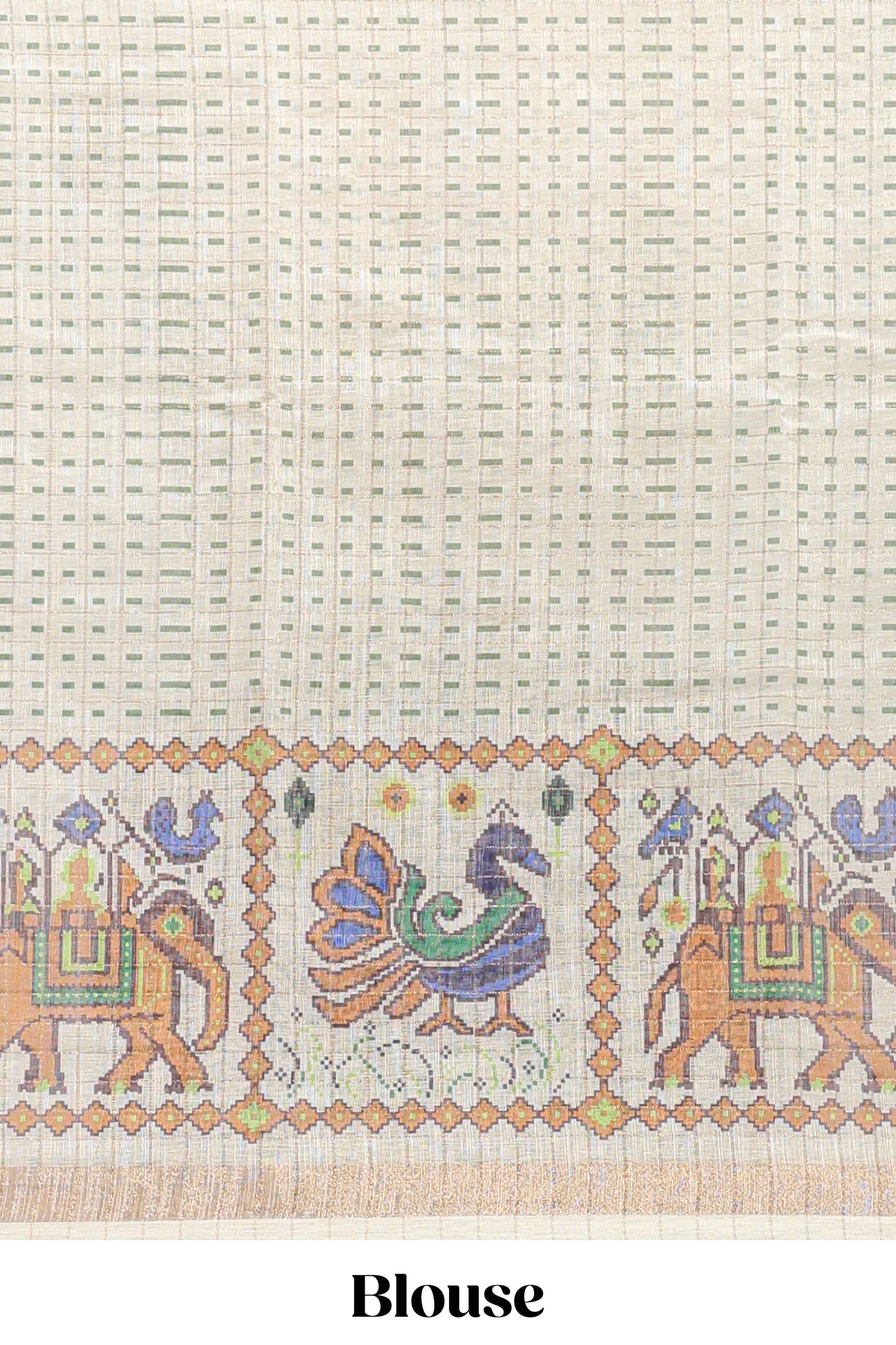 Green checked geometric motifs linen cotton saree with contrast ikkat style border and blouse