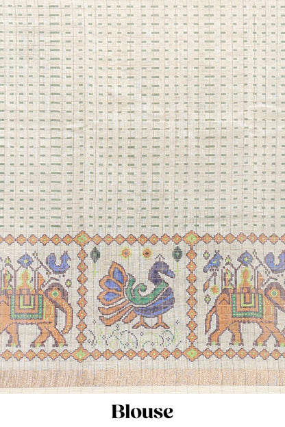 Green checked geometric motifs linen cotton saree with contrast ikkat style border and blouse