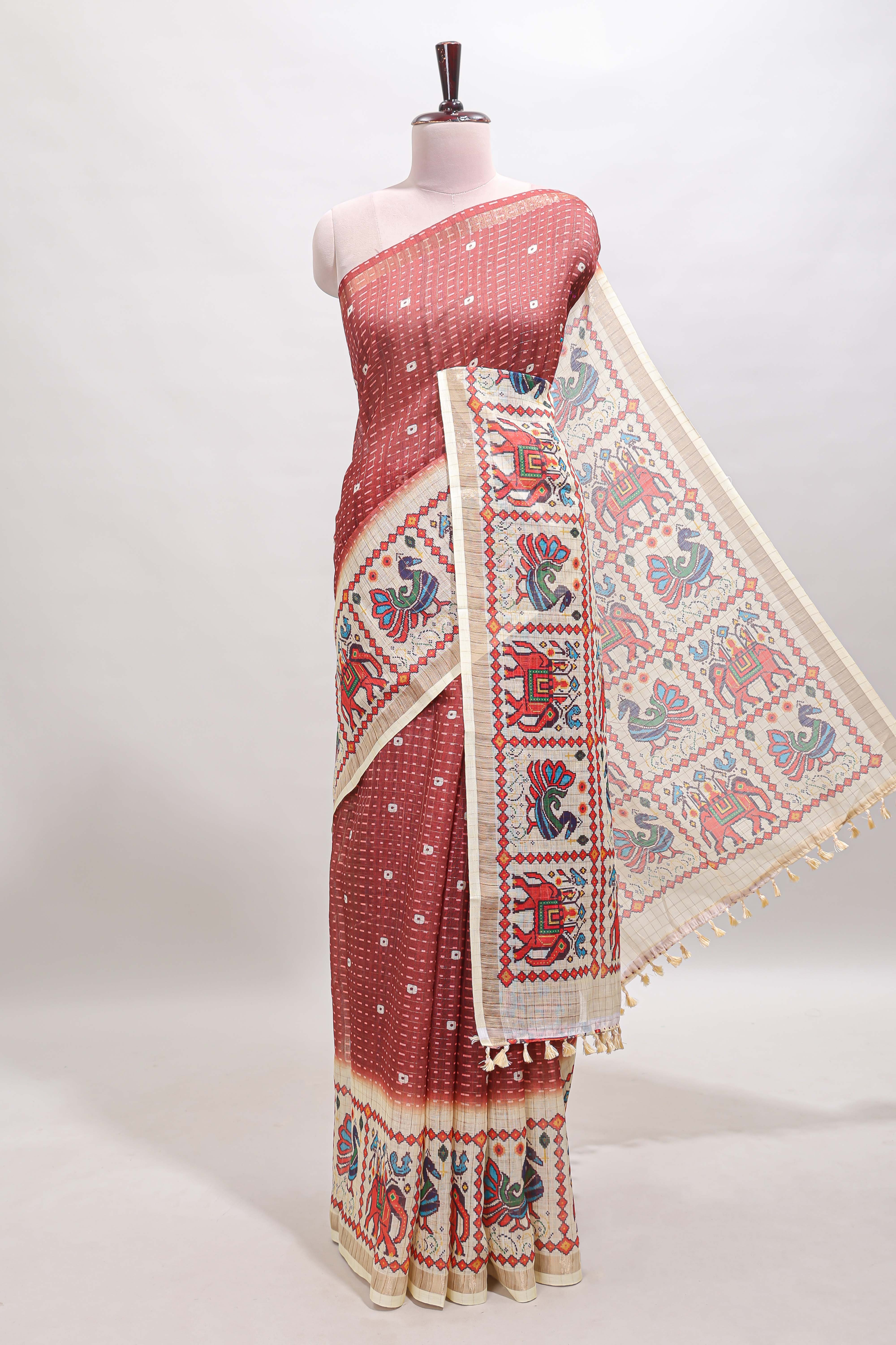Maroon checked geometric motifs linen cotton saree with contrast ikkat style border and blouse