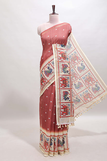 Maroon checked geometric motifs linen cotton saree with contrast ikkat style border and blouse