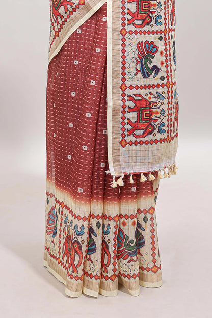 Maroon checked geometric motifs linen cotton saree with contrast ikkat style border and blouse