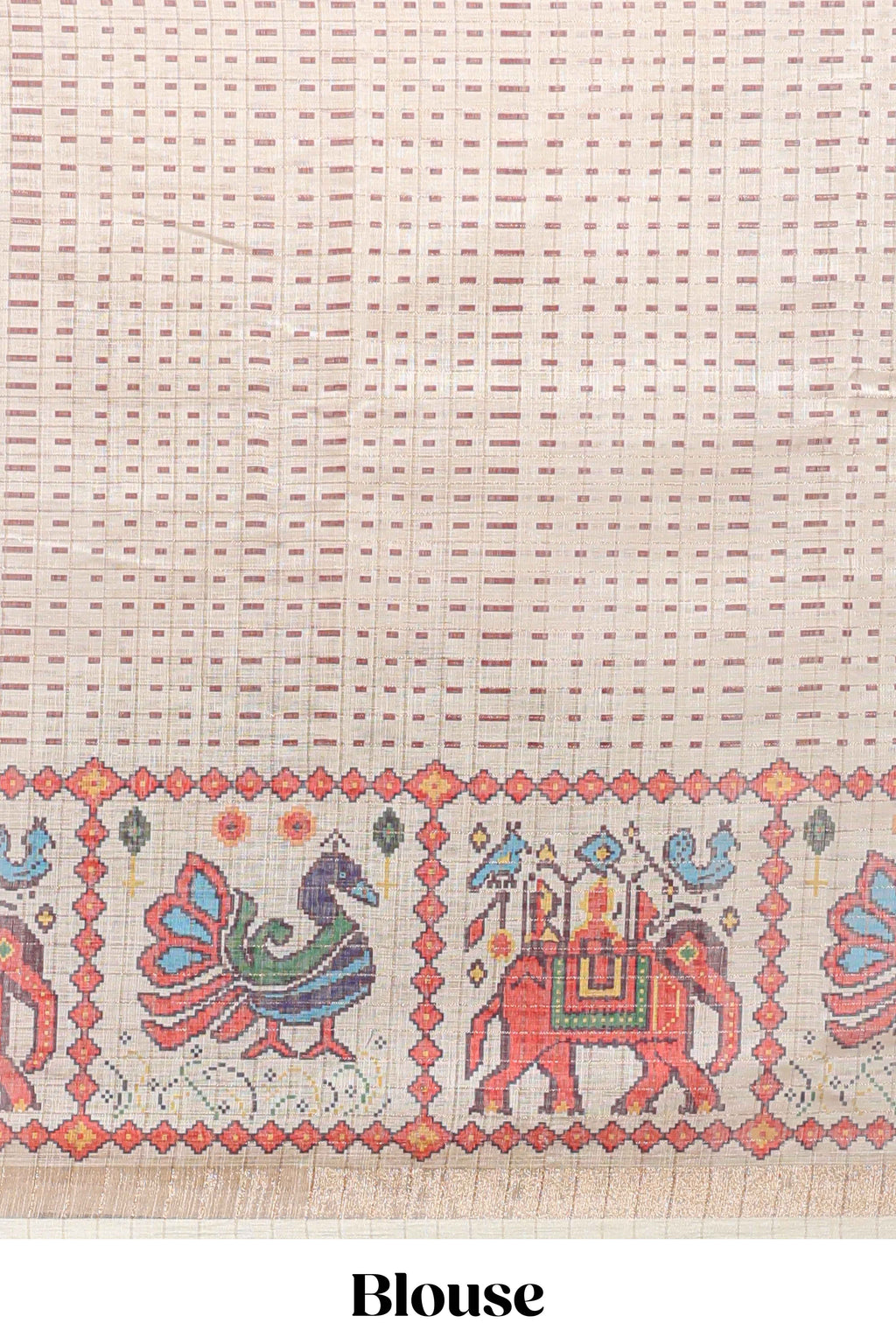 Maroon checked geometric motifs linen cotton saree with contrast ikkat style border and blouse