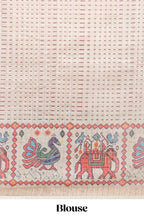 Maroon checked geometric motifs linen cotton saree with contrast ikkat style border and blouse