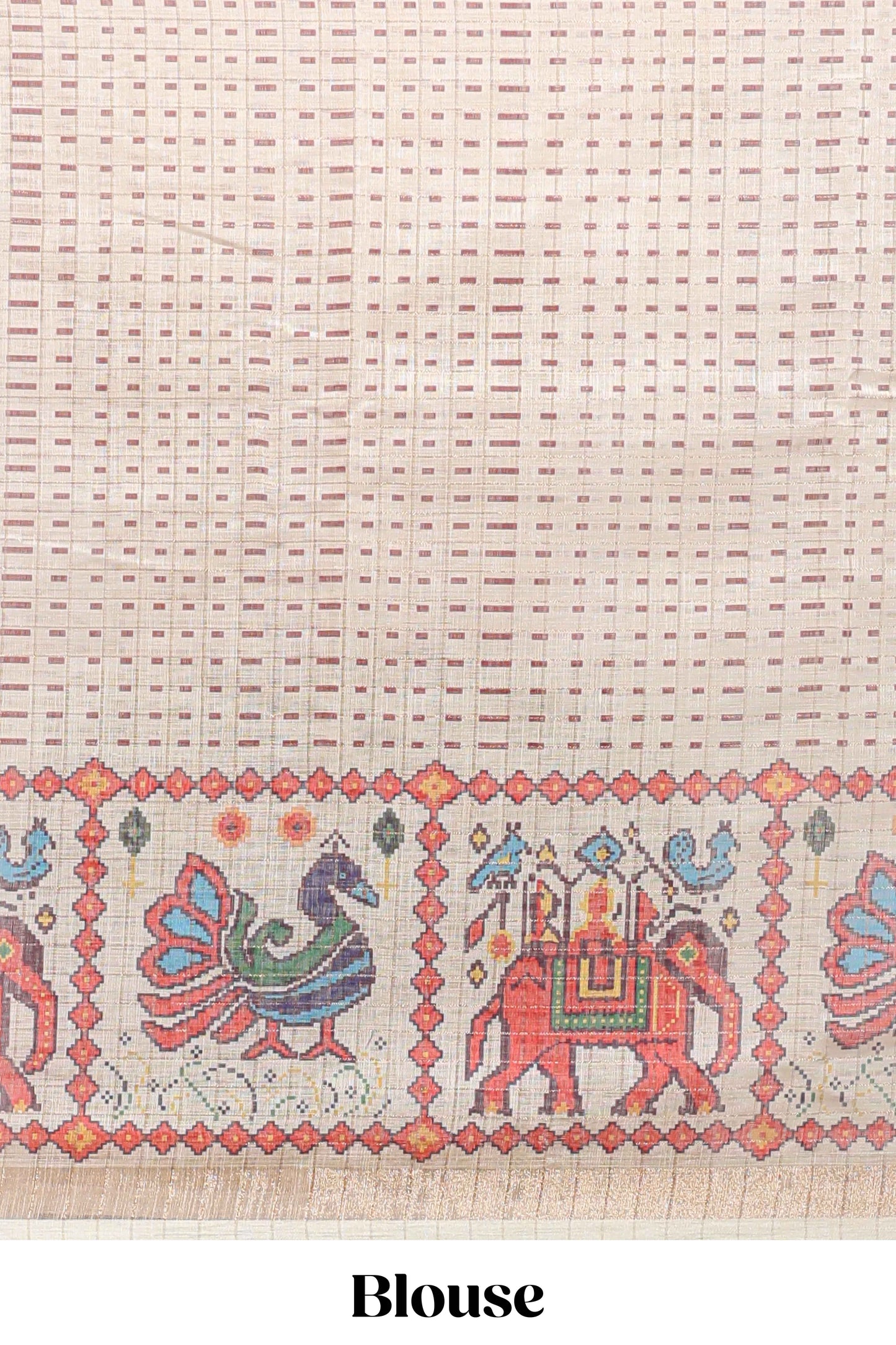 Maroon checked geometric motifs linen cotton saree with contrast ikkat style border and blouse