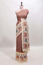 Brown checked geometric motifs linen cotton saree with contrast ikkat style border and blouse