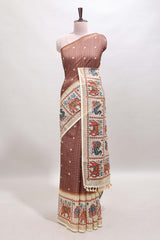 Brown checked geometric motifs linen cotton saree with contrast ikkat style border and blouse
