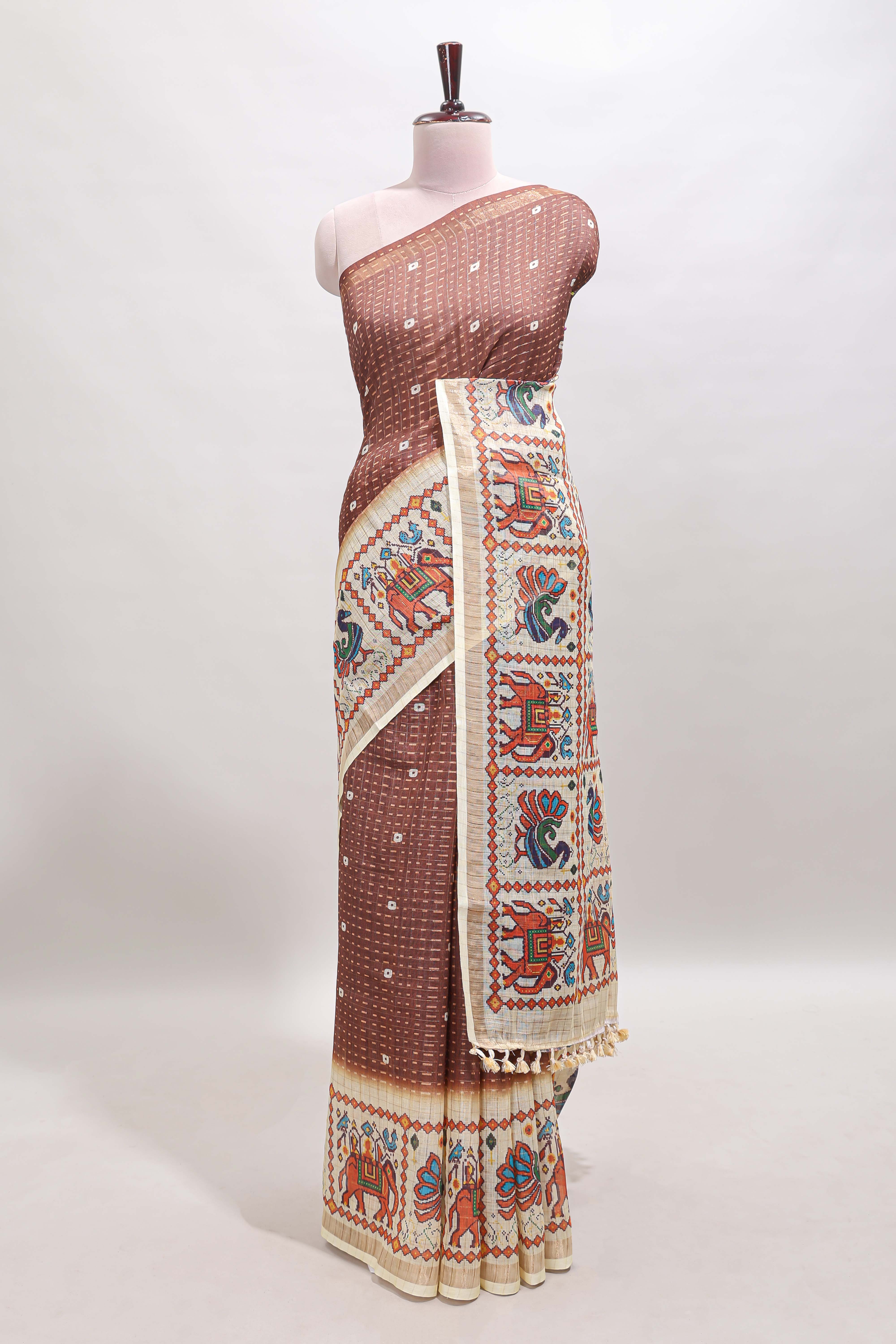 Brown checked geometric motifs linen cotton saree with contrast ikkat style border and blouse
