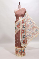 Brown checked geometric motifs linen cotton saree with contrast ikkat style border and blouse