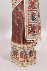Brown checked geometric motifs linen cotton saree with contrast ikkat style border and blouse
