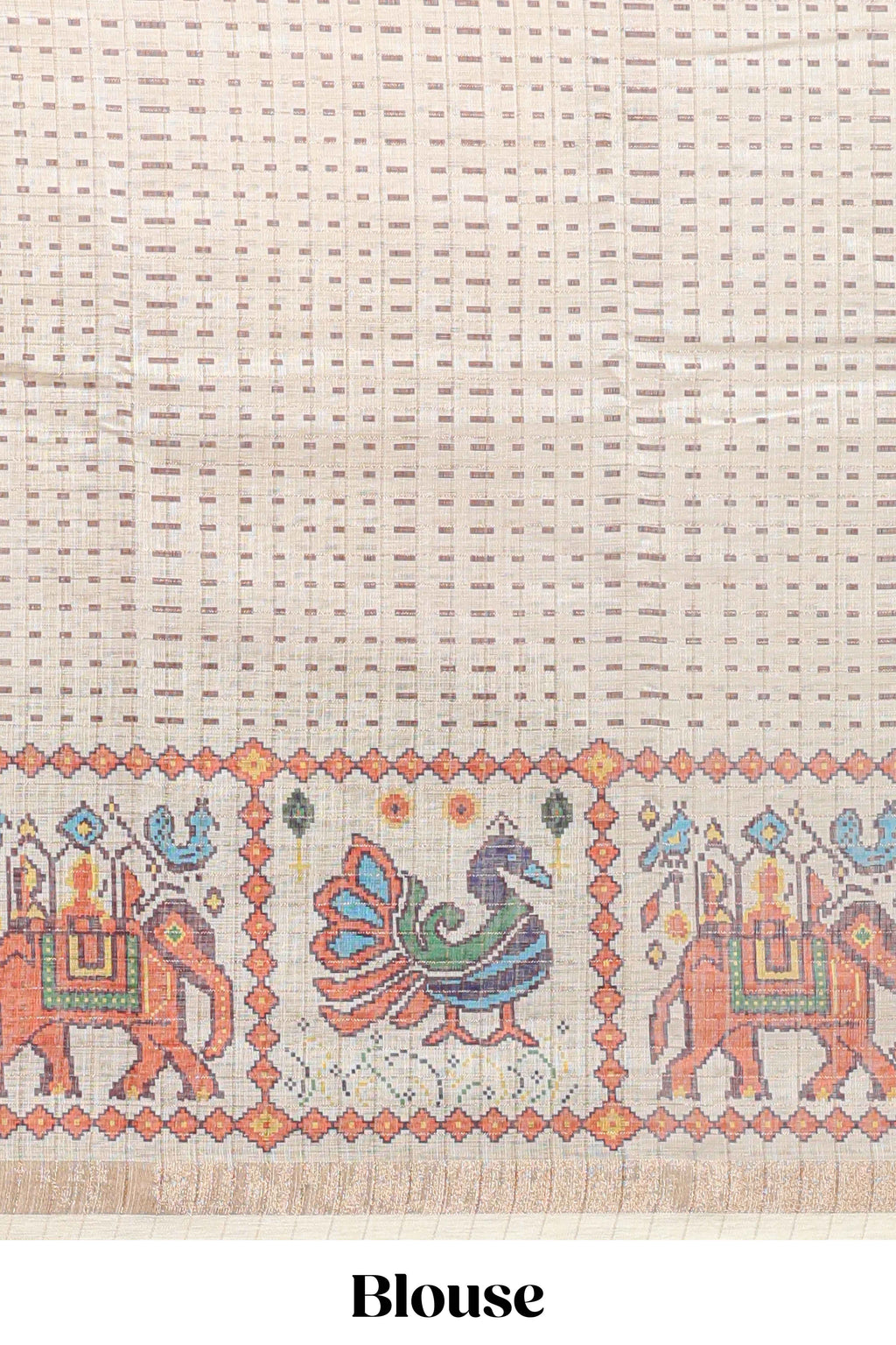 Brown checked geometric motifs linen cotton saree with contrast ikkat style border and blouse