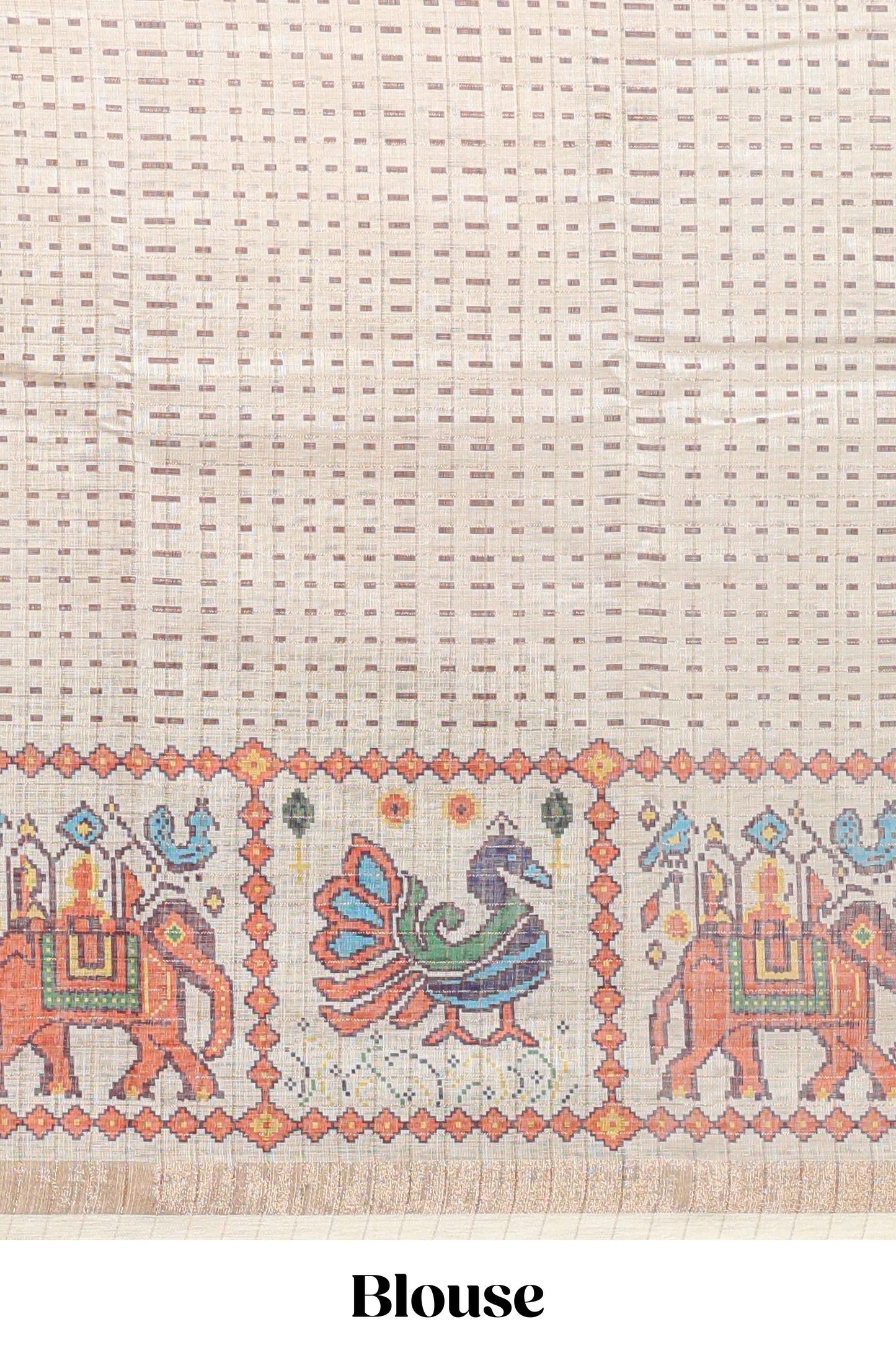 Brown checked geometric motifs linen cotton saree with contrast ikkat style border and blouse