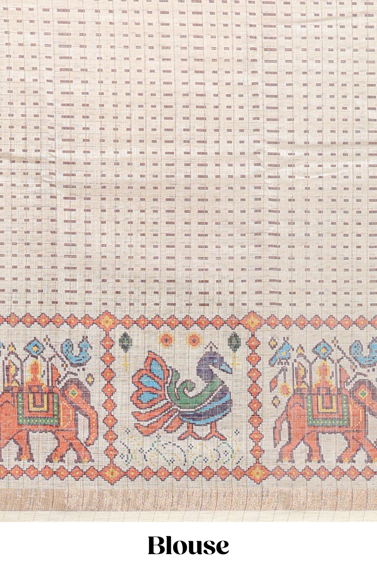 Brown checked geometric motifs linen cotton saree with contrast ikkat style border and blouse