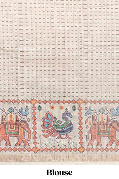 Brown checked geometric motifs linen cotton saree with contrast ikkat style border and blouse