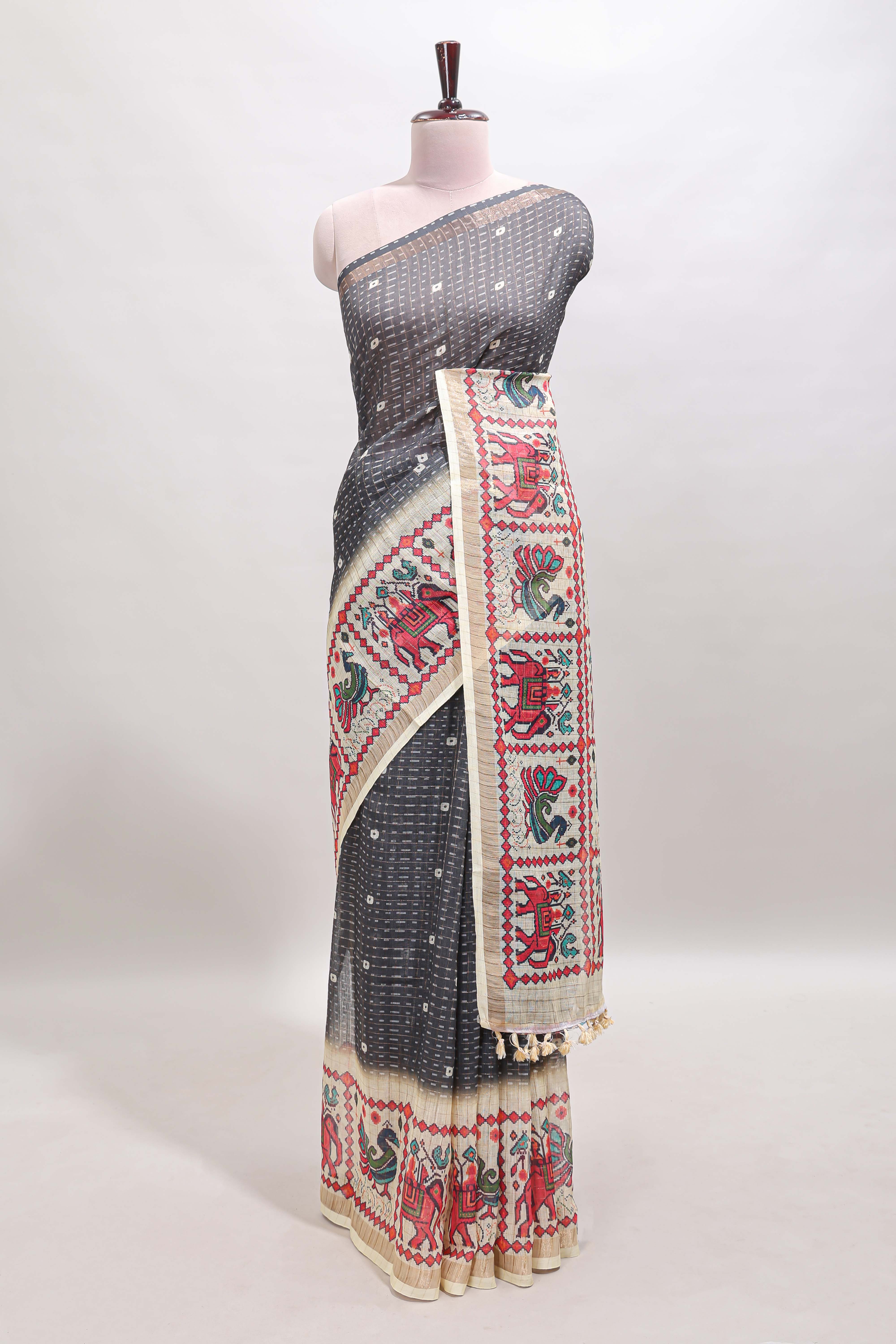 Grey checked geometric motifs linen cotton saree with contrast ikkat style border and blouse