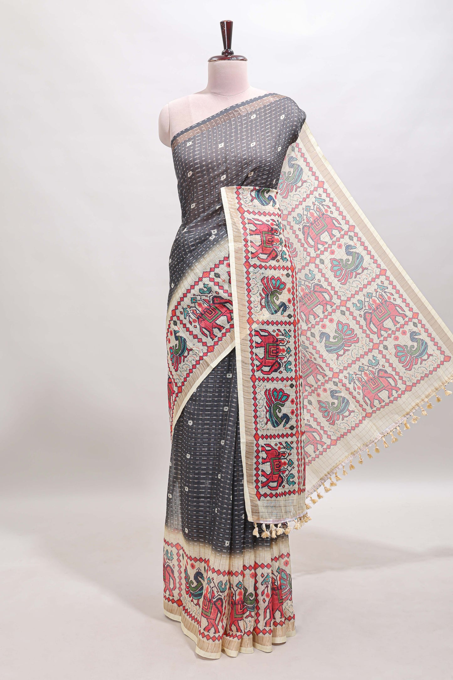 Grey checked geometric motifs linen cotton saree with contrast ikkat style border and blouse