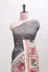 Grey checked geometric motifs linen cotton saree with contrast ikkat style border and blouse